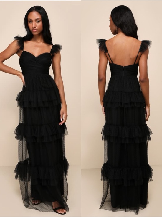 Lulus Dresses & Skirts - LULU'S Pure Radiance Black Mesh
Swiss Dot Tiered Maxi Dress
